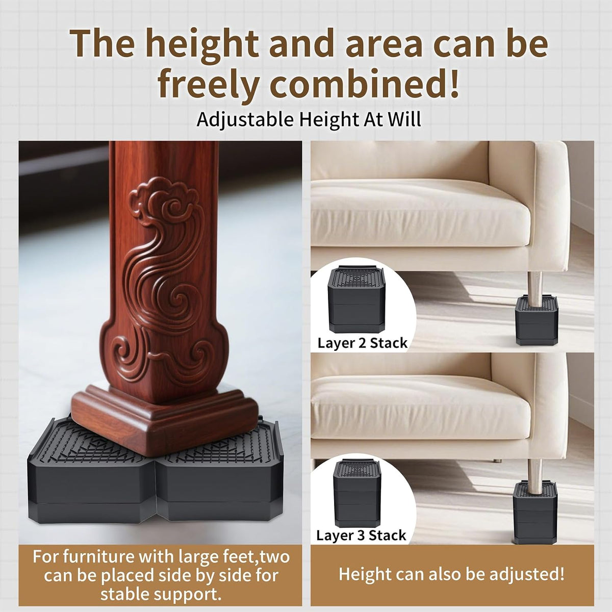 4 Pack Bed Risers Heavy Duty, Adjustable Furniture Risers for Bed Couch Sofa Desk Chair Blocks, Lift Height 1.5", 3" or 4.3" (Black, One Layers 1.5 Inches)