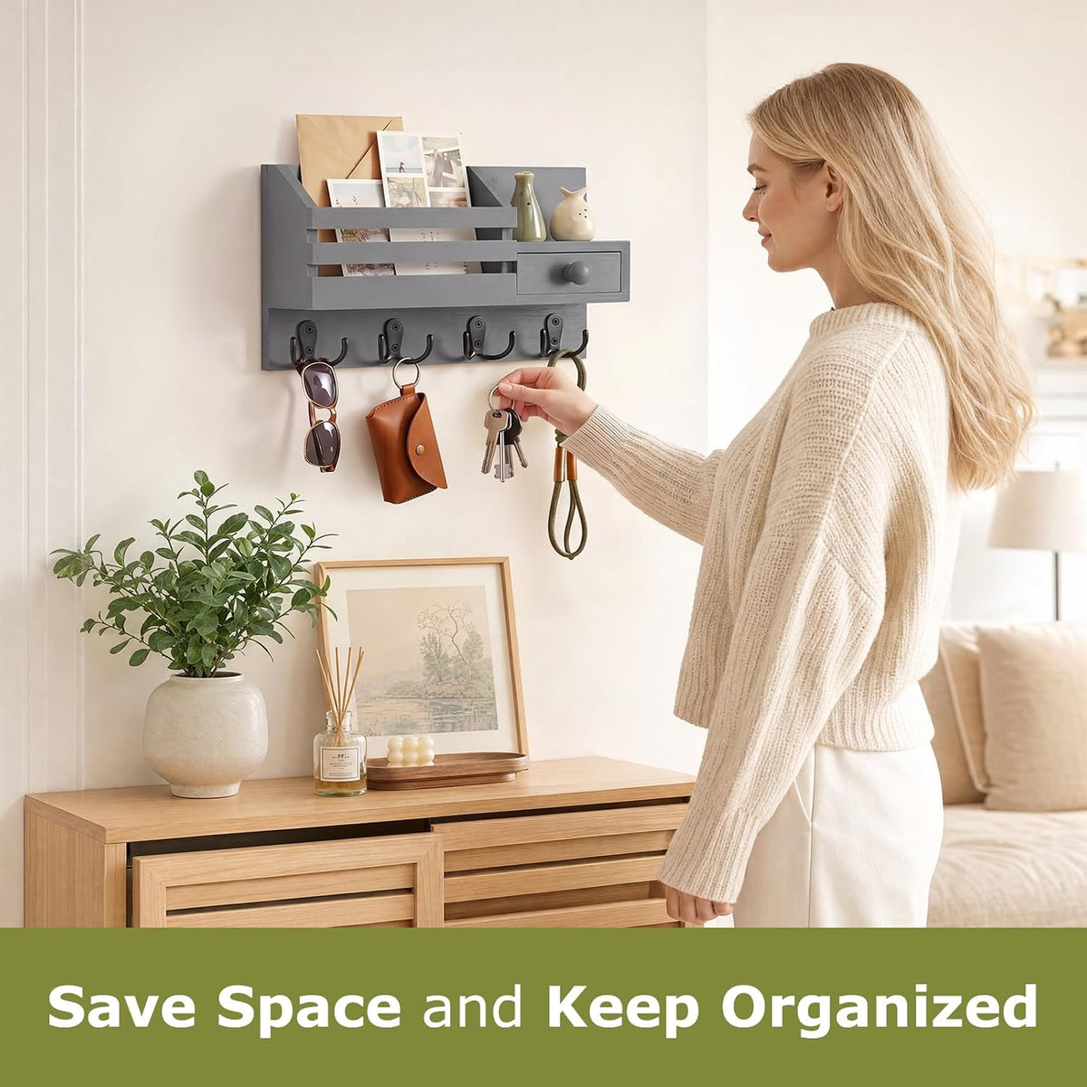 Key Holder Wall Mount, Wooden Key and Mail Organizer, Gray