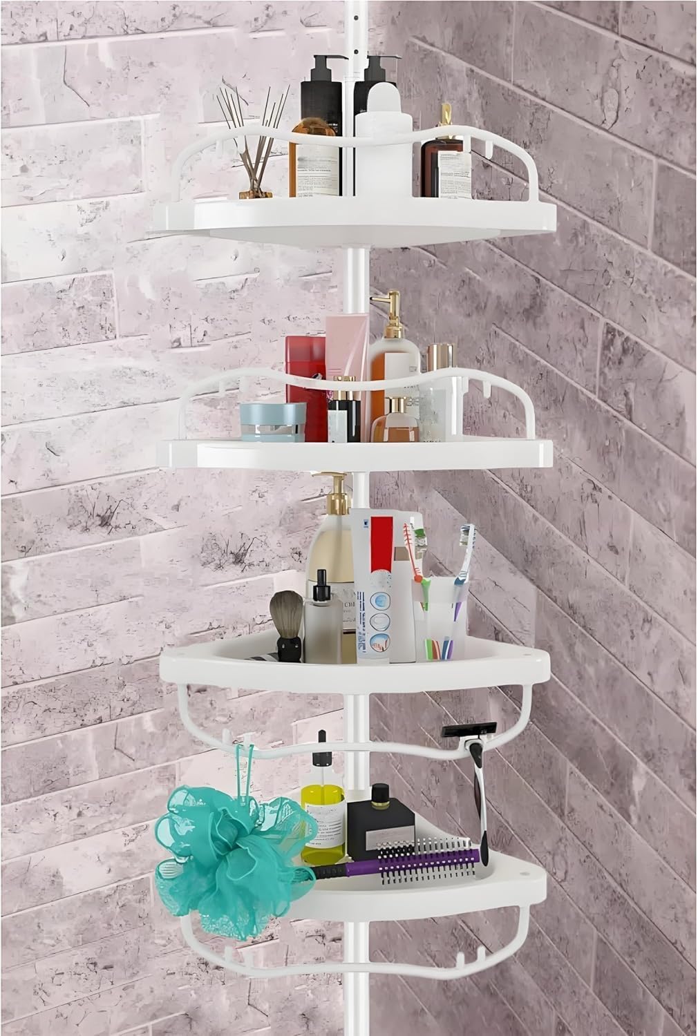 Shower Caddy Tension Pole with 4 ABS Baskets,Shower Storage Shelf with 56 to 125 Inch Adjustable Stainless Pole for Bathroom White