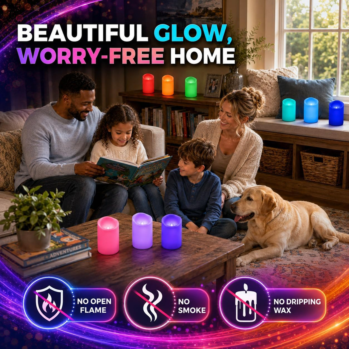 Enido Set of 9 Flameless Candles, Color Changing LED Candles(D: 3" x H: 4" 5" 6") Battery Operated Outdoor Waterproof Pillar Candles for Halloween and Christmas Decoration