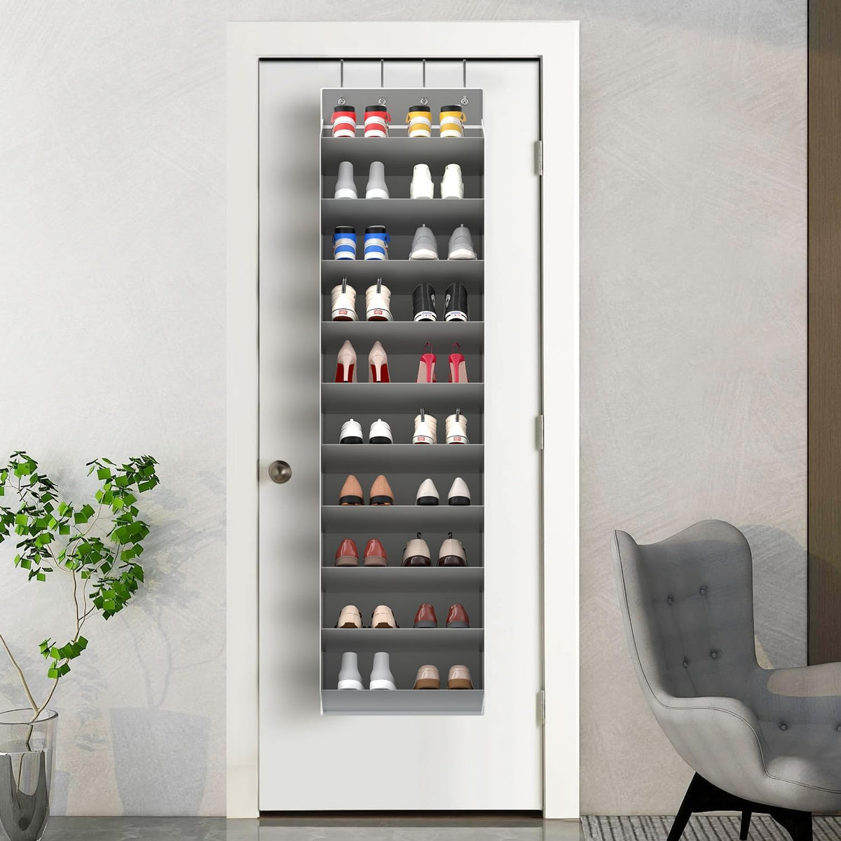 REGELETO 10 Tiers Large Size Over Door Shoe Organizer Storage, Hanging Shoe Rack for Door with Deep Pockets, Fit 20-30 Pairs Shoe Organizer Holder for Sneakers and Boots (Grey)