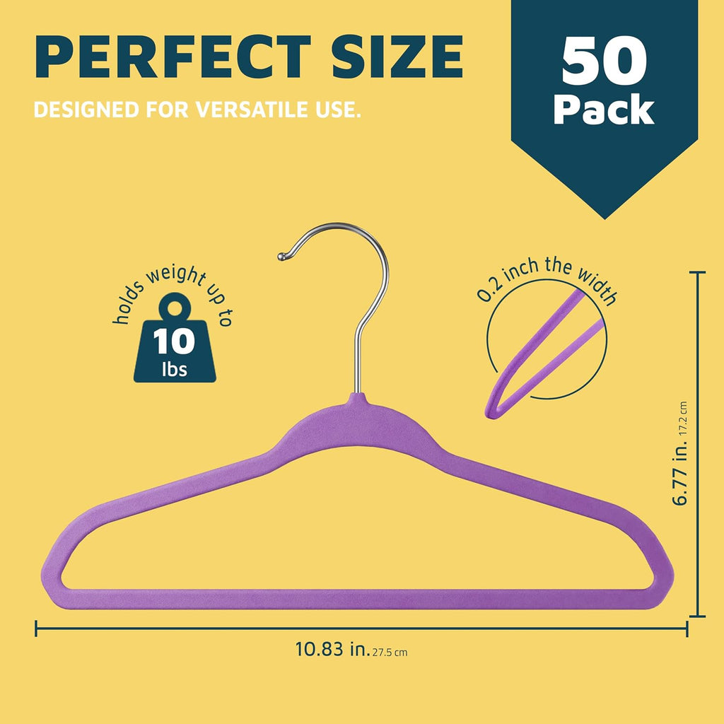 Purple Velvet Kids Hangers 50 Pack, 10.83" Non-Slip Baby & Toddler Hangers for Clothes, Space-Saving Slim ABS Plastic with 360° Swivel Hook & Notched Shoulders, Up to 10 lb Capacity