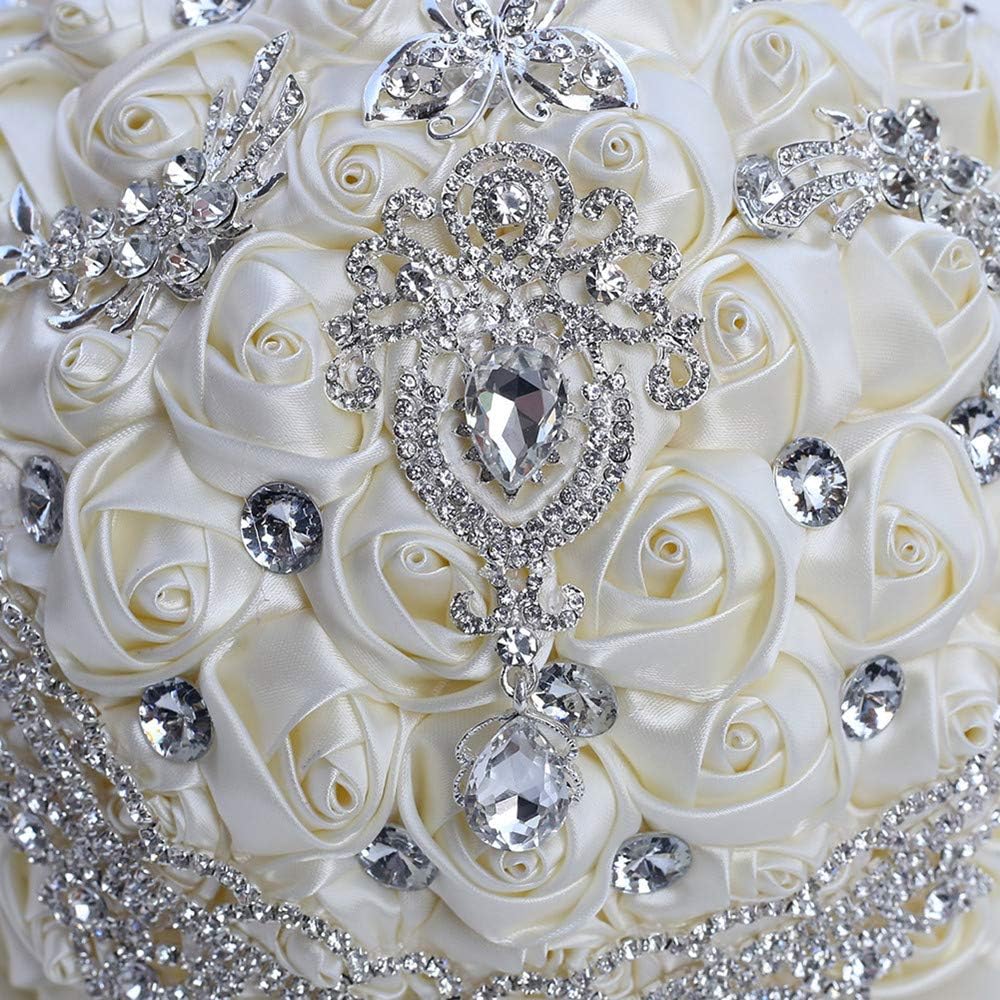 Handmade Luxury Wedding Bridal Bouquet Large Silk Rose Holding Toss Artificial Flowers Bouquets with Satin Ribbon Pearls Rhinestone for Bride Vintage Royal Wedding Bouquet Decor(Ivory)