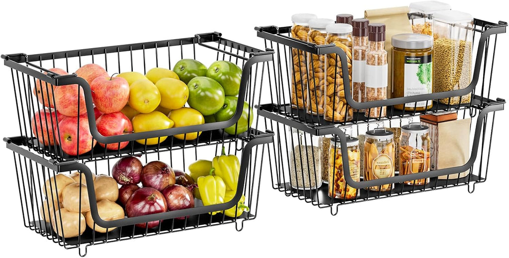 4 Pcs Stackable Wire Baskets for Pantry Organizers and Storage, Black
