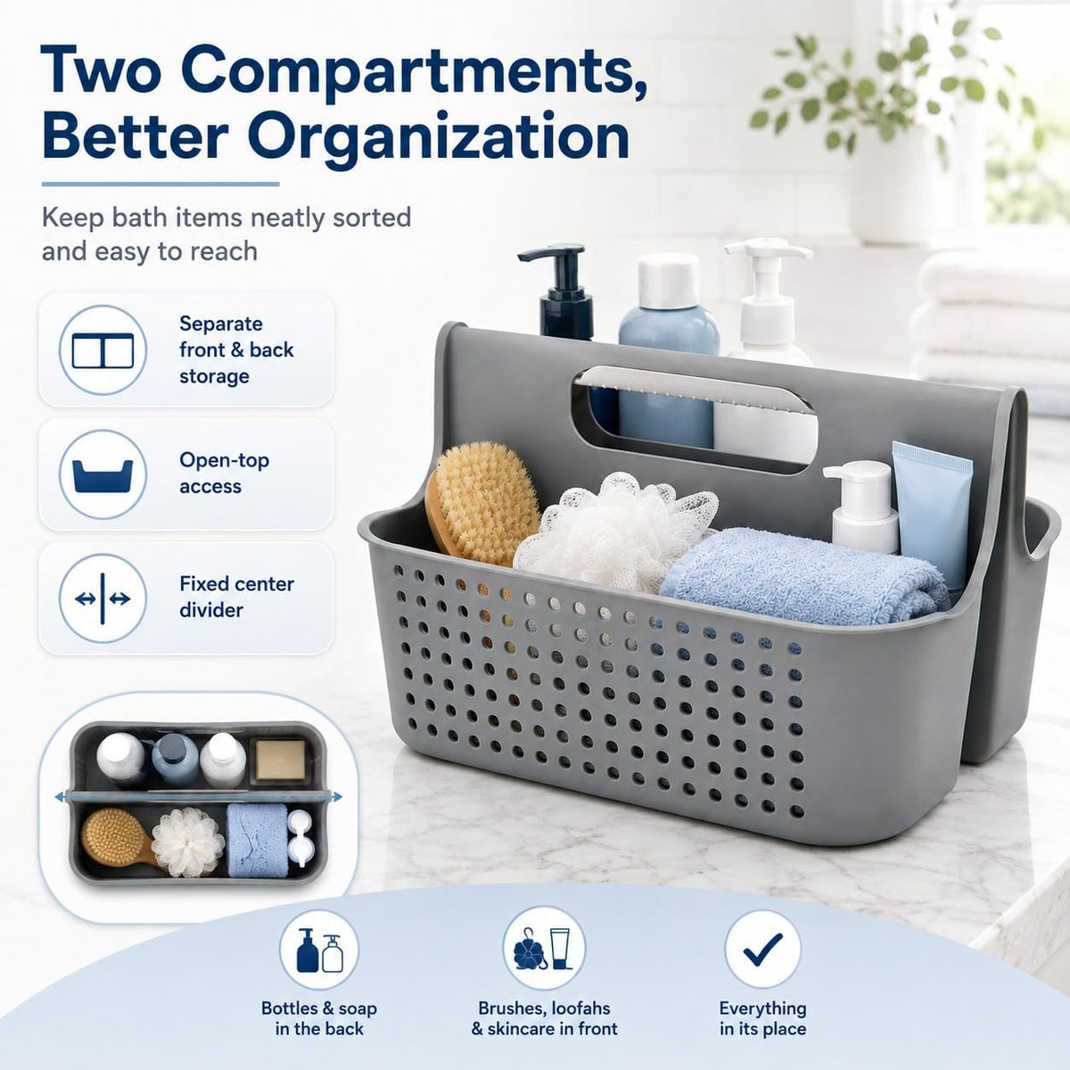 NINU Gray Portable Shower Caddy, 2-Compartment Storage Organizer