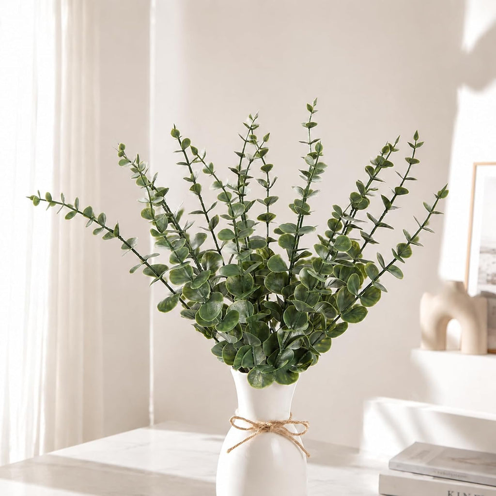 18 Pcs Artificial Eucalyptus Stems Dark Green Leaves Fake Greenery Branches Faux Flowers Bouquet for Home Decor Wedding Centerpiece Table Decoration