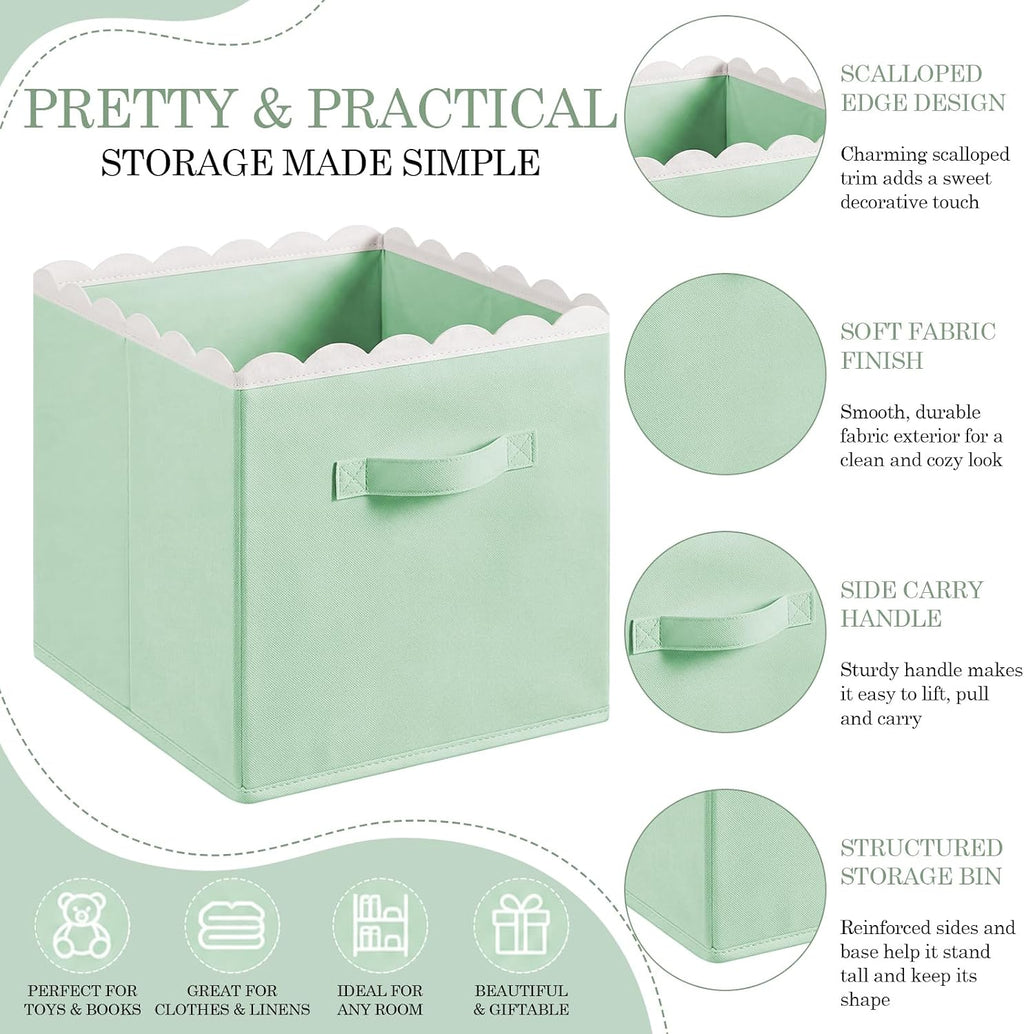 Yalikop 6 Pcs Light Green Scalloped Cube Storage Bins 11 Inch Fabric Basket