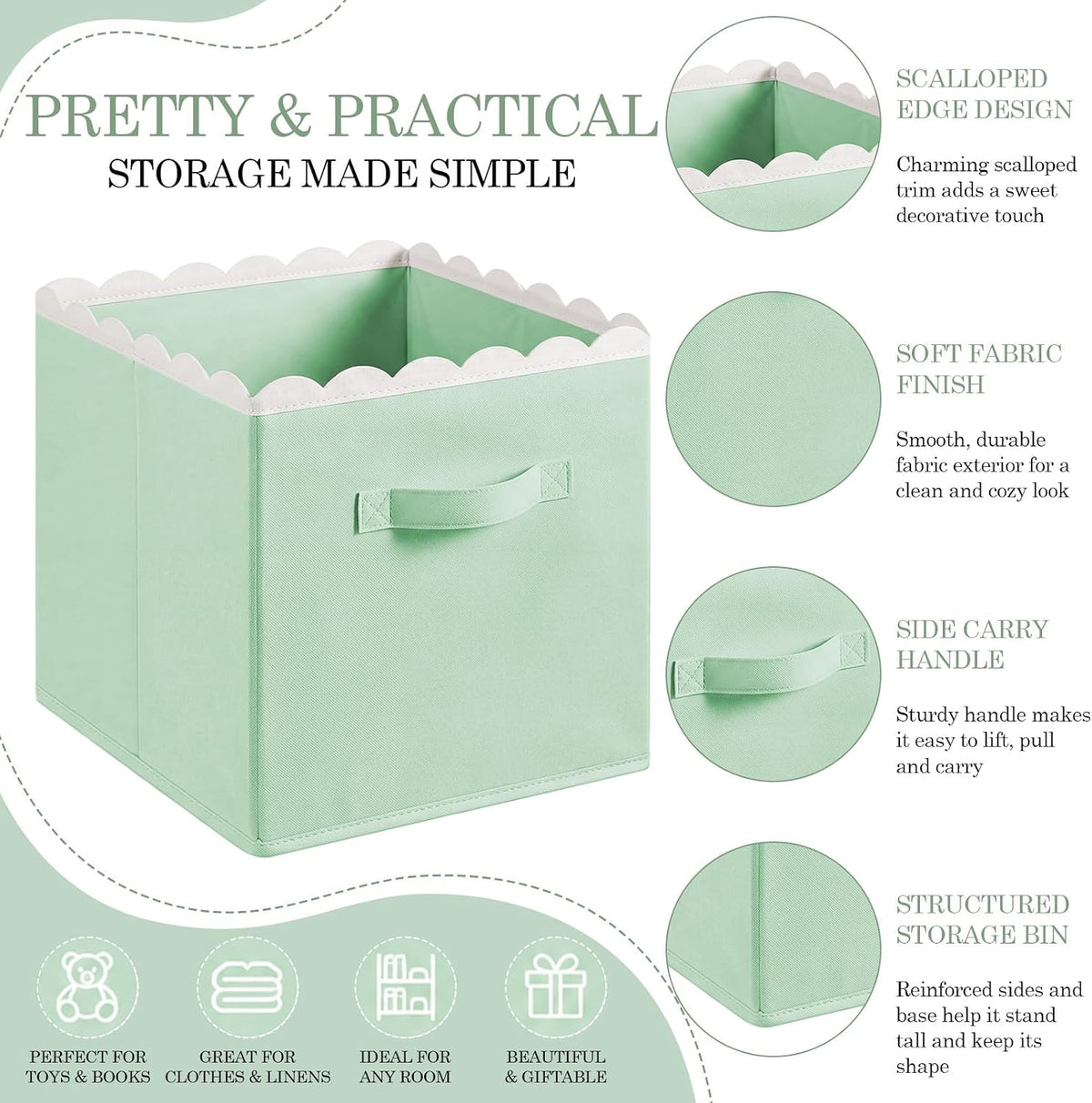 Yalikop 6 Pcs Light Green Scalloped Cube Storage Bins 11 Inch Fabric Basket