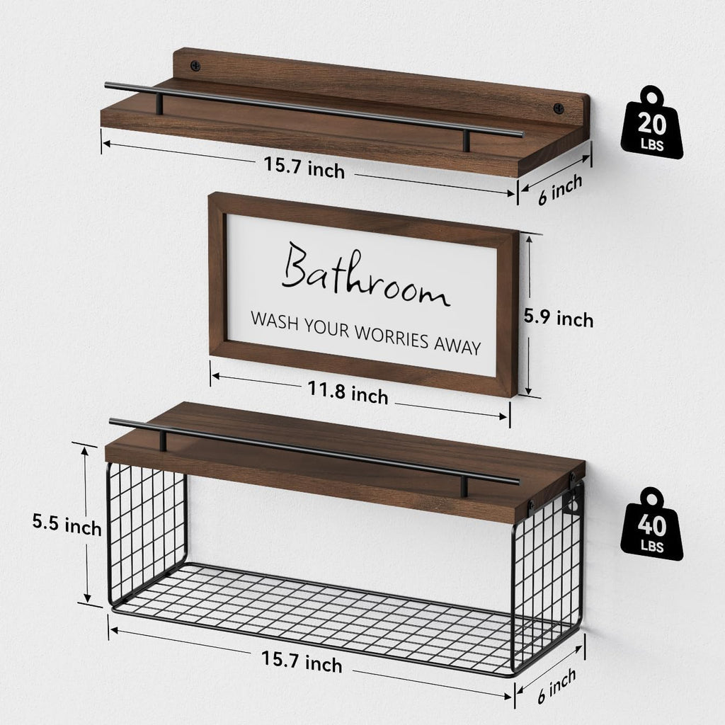 WOPITUES Floating Shelves for Bathroom Decor Art, Rustic Brown
