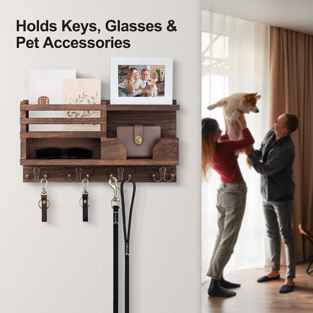 Lwenki Mail and Key Holder for Wall – Decorative 15.9” x 8.7” x 3.2” Entryway Organizer with Shelf – Paulownia Wood with 4 Dual Hooks Includes Mounting Hardware and Installation Guide
