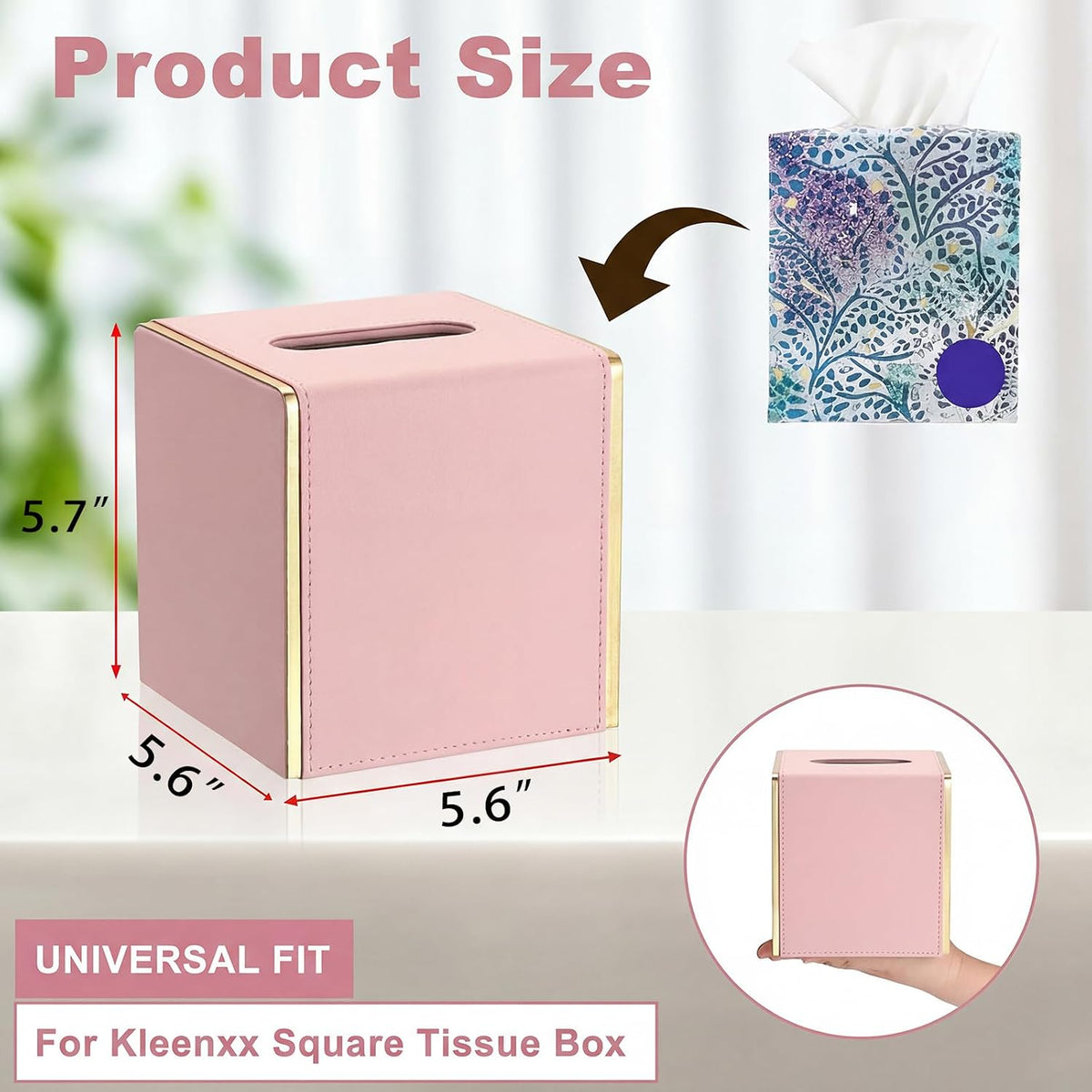 Sumnacon PU Square Tissue Box Cover, Magnetic Bottom, Waterproof, Pink