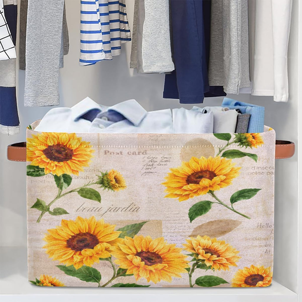 Storage Basket Flower Floral Sunflower, Large Foldable Organizer Storage Bins for Shelves, Sturdy Canvas Cubes Storage Boxes with Handles for Toys Closet Nursery Office Living Room 15" x 11" x 9.5"
