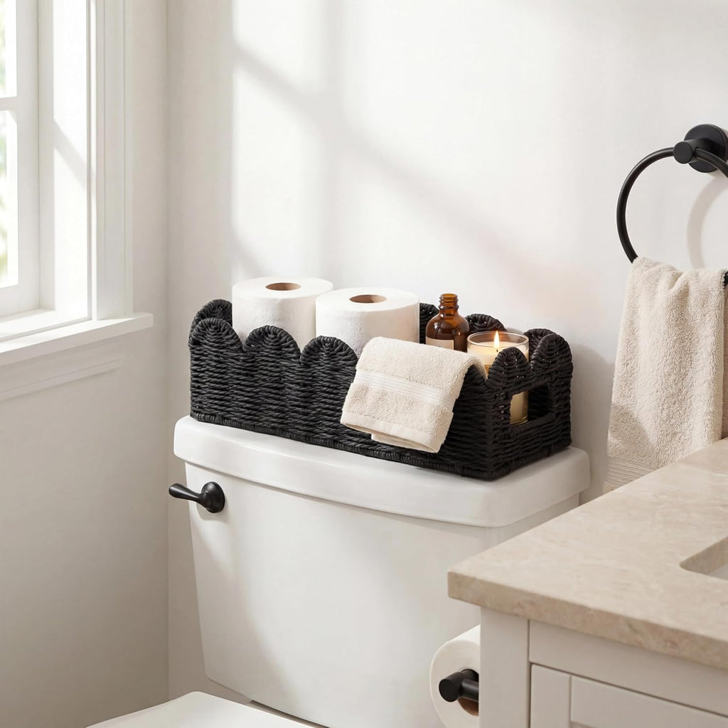 Black Scalloped Basket, Toilet Tank Tray, Back of Toilet
