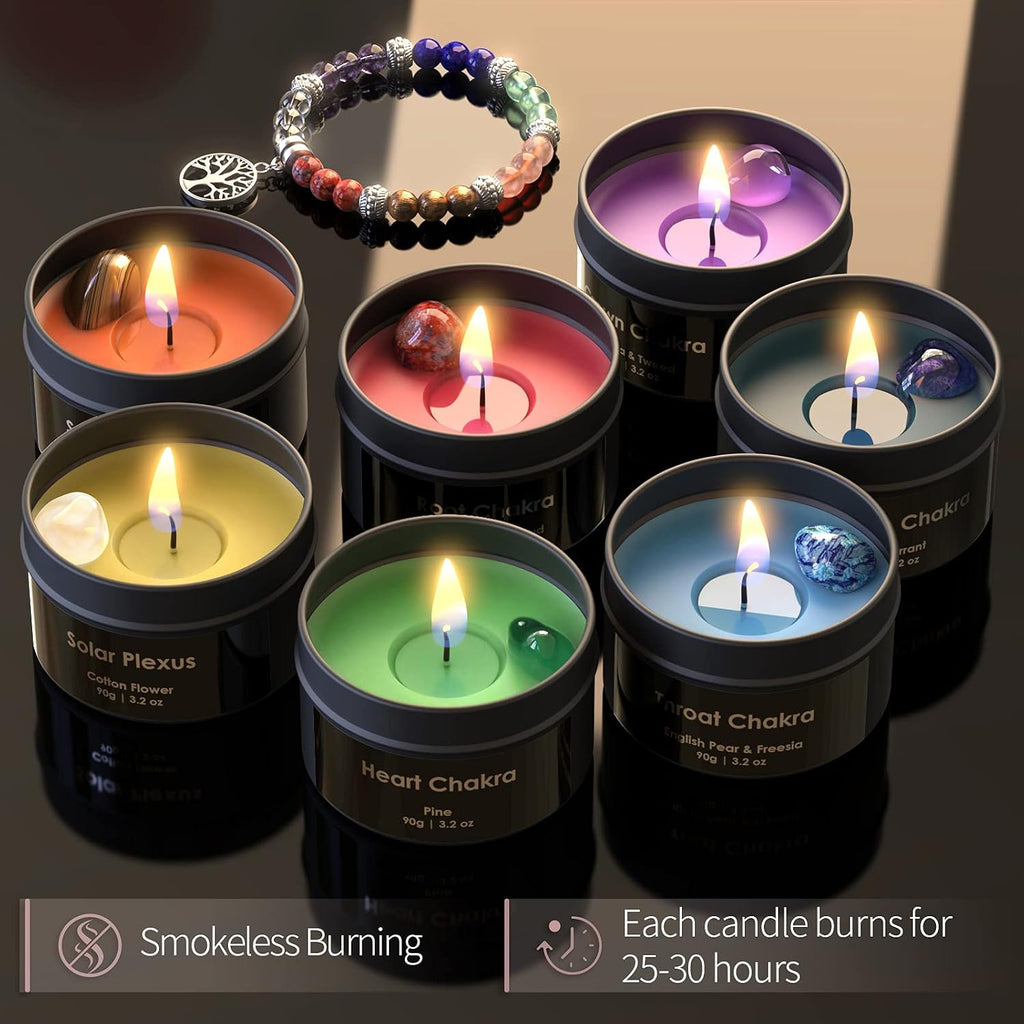 Inspireyes Chakra Candles with Healing Crystals for Meditation, Soy Wax