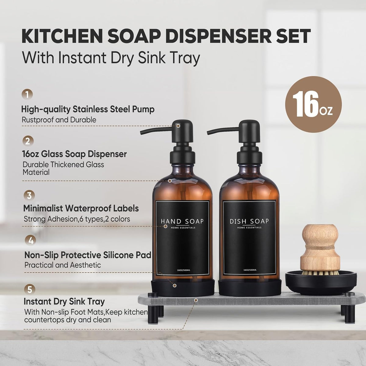 Kitchen Soap Dispenser Set with Instant Dry Tray,16 Oz Hand and Dish Soap Amber Glass Dispenser Set,Stainless Steel Pump,Waterproof Labels&Dish Brush,Luxury Soap Bottle for Kitchen,Bathroom