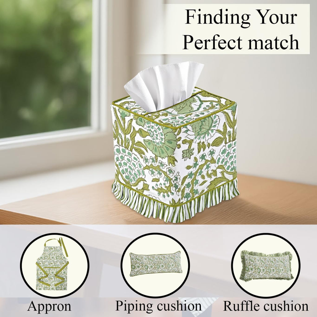 CPC 100% Cotton Ruffle Block Print Tissue Box Cover, Agate Green