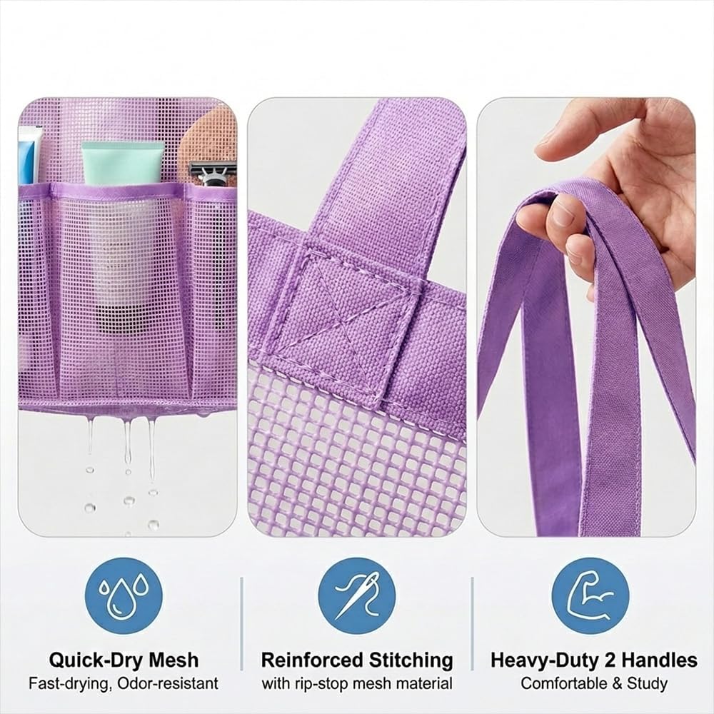 Mesh Shower Caddy Portable for College Dorm Room Essentials, Large Foldable Camp Travel Shower Bag with 9 Pockets, Quick Dry Bathroom Toiletry Tote Bag for Beach Swimming Gym Women Men (Purple)