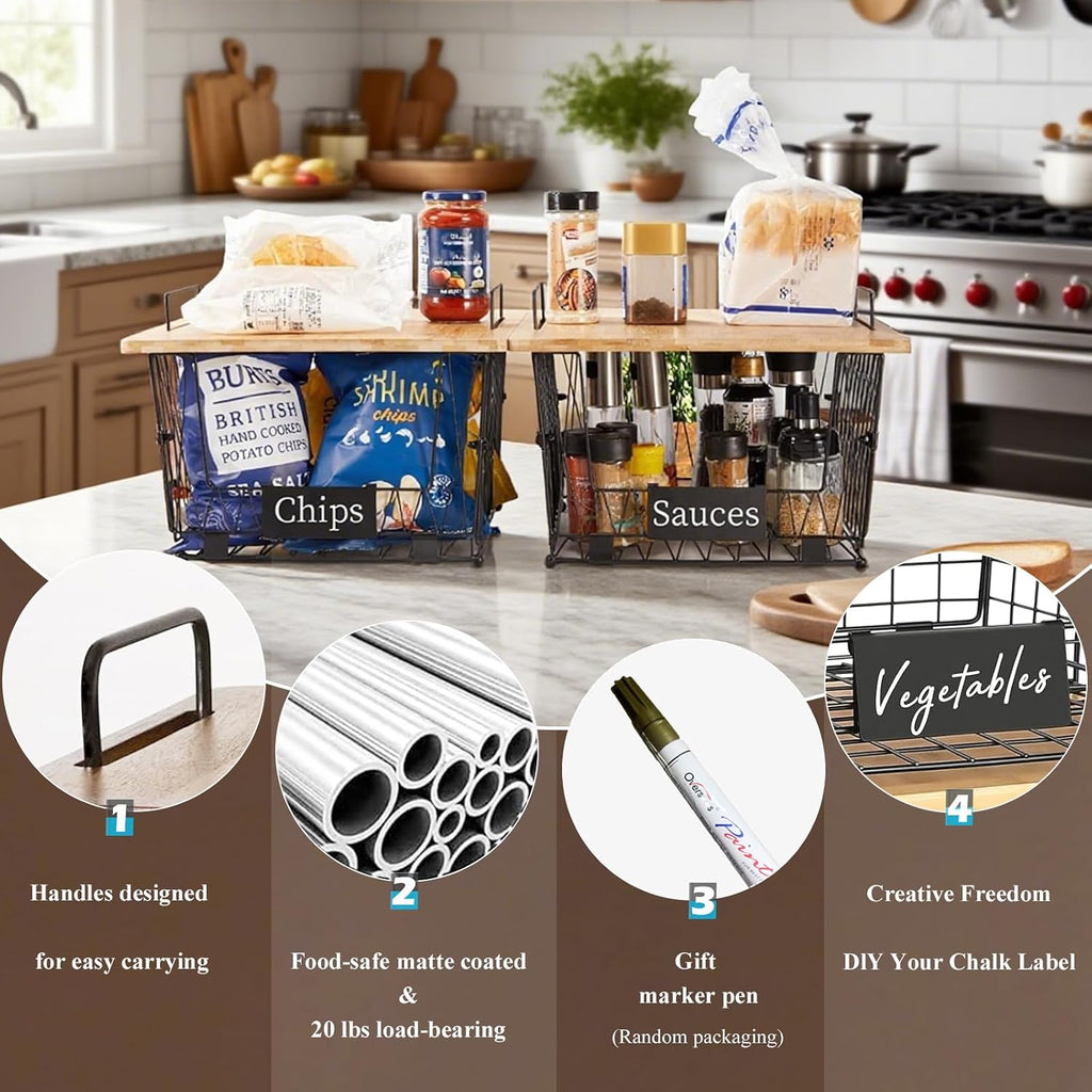 Stackable Wire Baskets with Bamboo Lids for Kitchen Pantry Storage