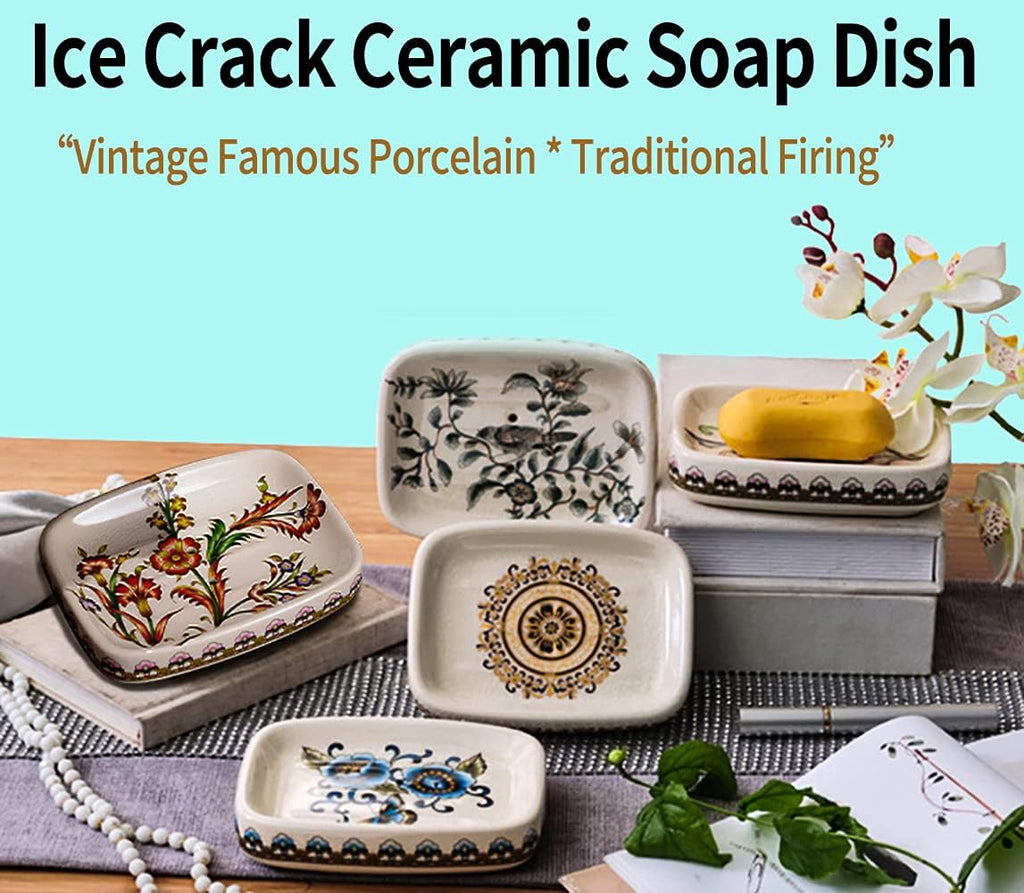 Kelake Ceramic Soap Dish Creative Ice Crack Ceramic French Sunflower Pattern Soap Dish Holder for Bathroom and Shower Soap Tray Box with Drain Gift for Mum Family