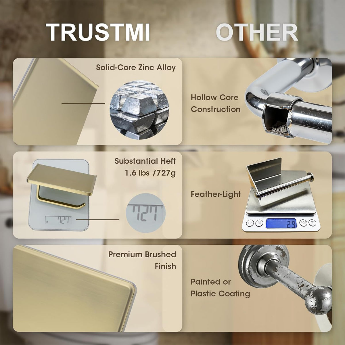 TRUSTMI Toilet Paper Holder with Phone Shelf, Zinc Alloy, Brushed Gold