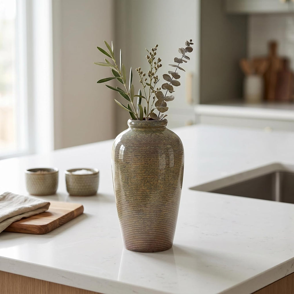 Rustic Farmhouse Ceramic Vase - 11 Inch Large Brown Pottery Vases Home Decor, Glazed Textured Decorative Vase for Pampas Grass, Console, Entryway Table Decor, Mantle, Kitchen Centerpieces