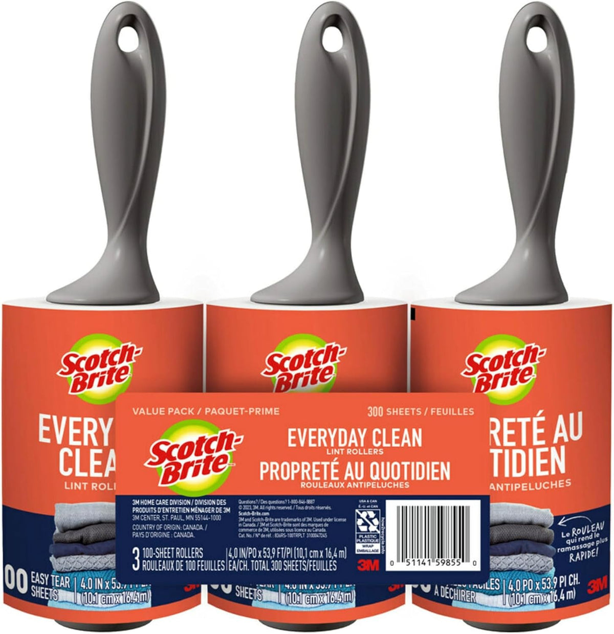 Scotch-Brite Everyday Clean Lint Roller, 300 Sheets Total,3 Pack