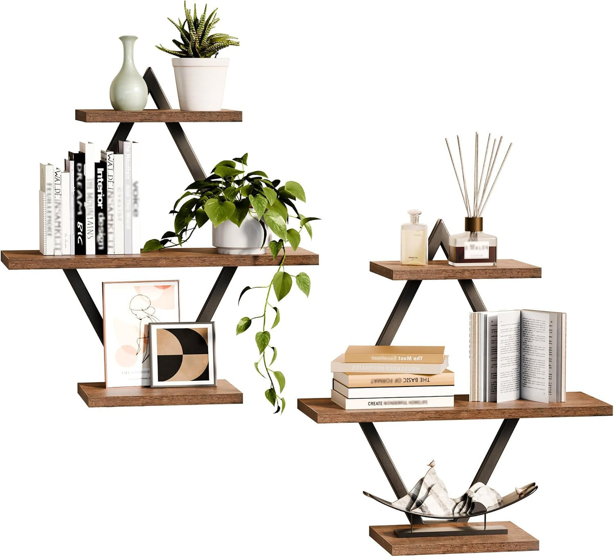 Floating Wall Shelves, Set of 2, Rustic Brown