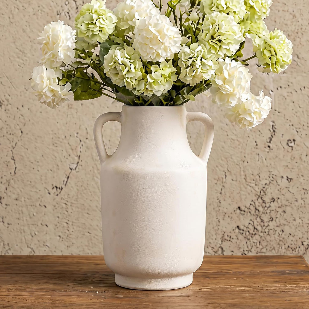 Deep Dream Ceramic Flower Vase with Handles, 11 Inch Large White Ceramic Vase, Decorative Tall Terracotta Vase, Farmhouse Rustic Vase for Home Decor, Shelf, Living Room, Bedroom,Table (White)