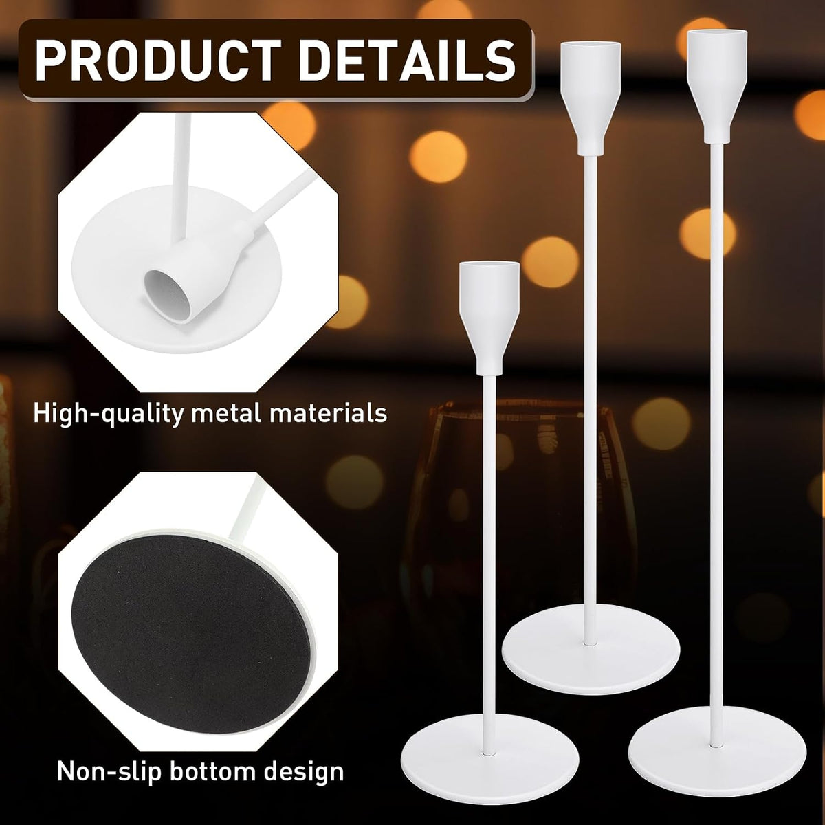 18 Pcs White Tall Taper Candle Holders, 3 Sizes, Fits 3/4" Candles