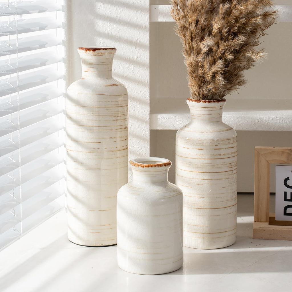 Vintage Ceramic Flower Vase Set of 3, Rustic Farmhouse Vase for Home Decor, Distressed Decorative Vase for Table Entryway Mantel Centerpiece Living Room Bathroom Bedroom (Linen Off-White)