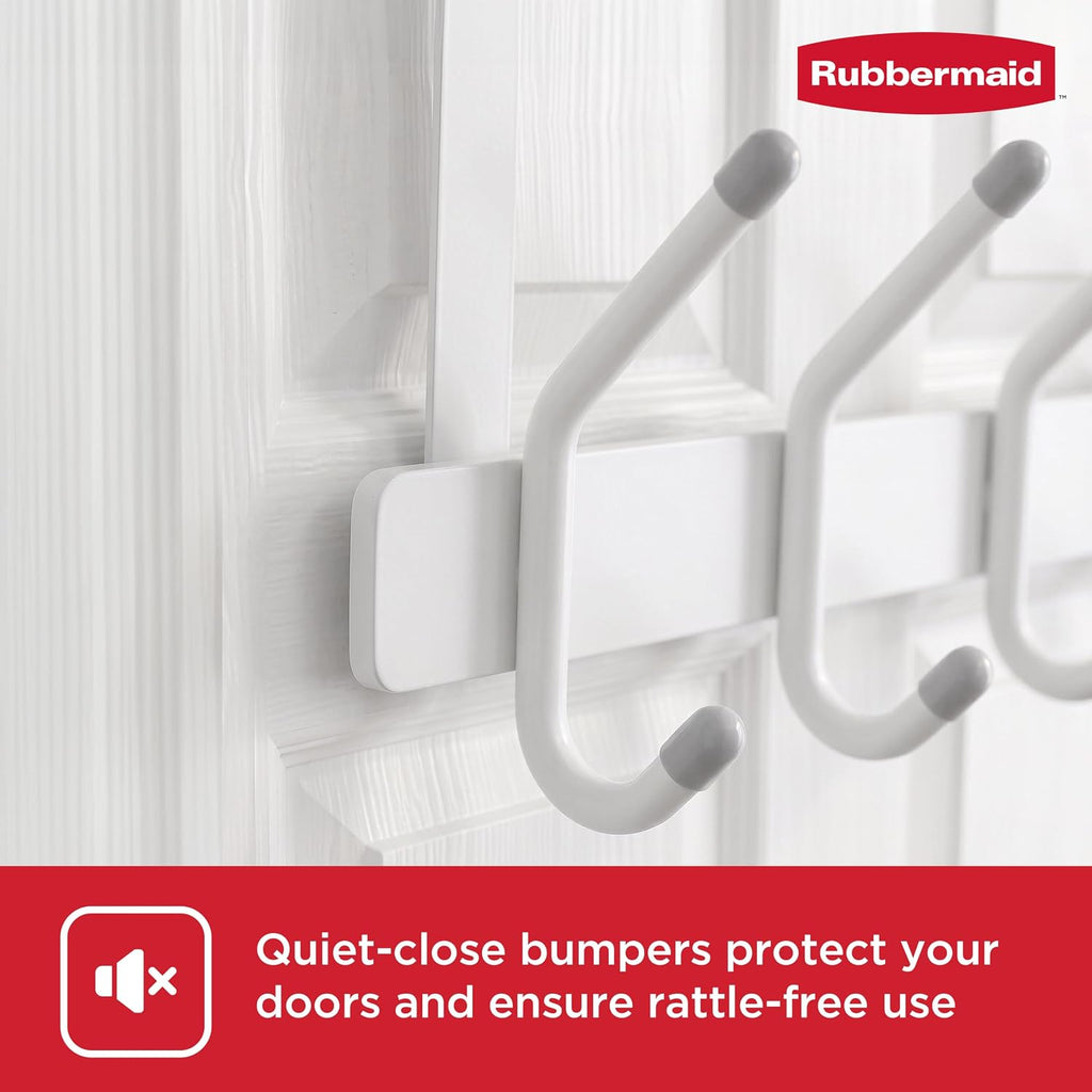 Rubbermaid Over the Door Hook Rack with 5 Double Hooks, No Drill Needed, for Towels, Robes, Hanging Accessories in Bathroom, Bedroom, Closet, Dorm, White