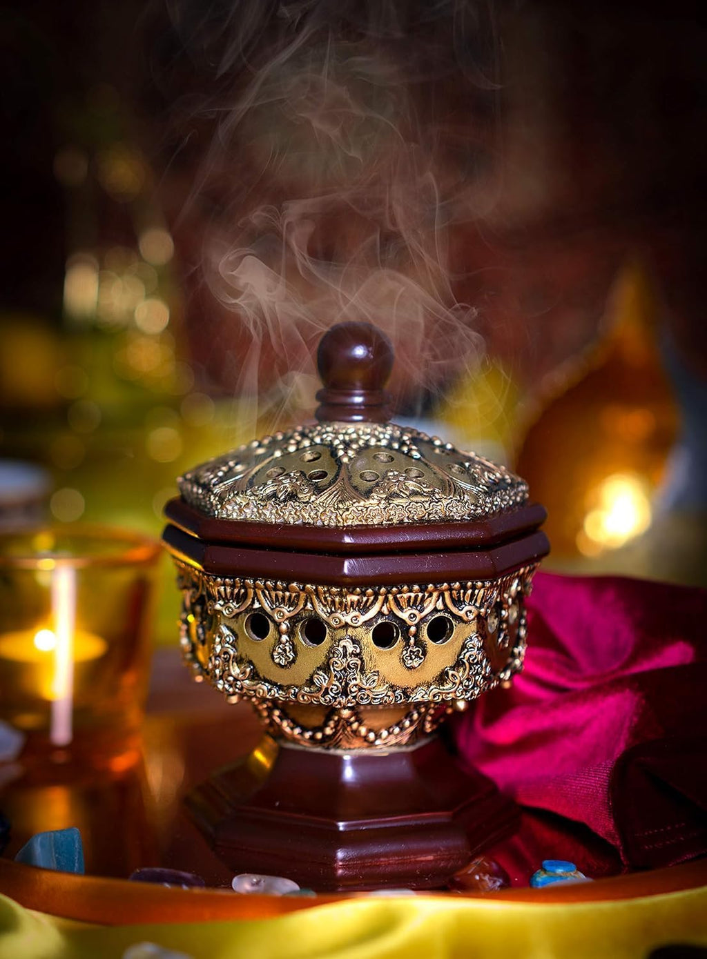 AM Lux Octagon Incense Burner – Bakhoor & Cone Holder | Charcoal Resin Burner for Frankincense, Myrrh & Aromatherapy | Decorative Mabkhara for Home, Office & Meditation Room Decor (Octagon Bronze)