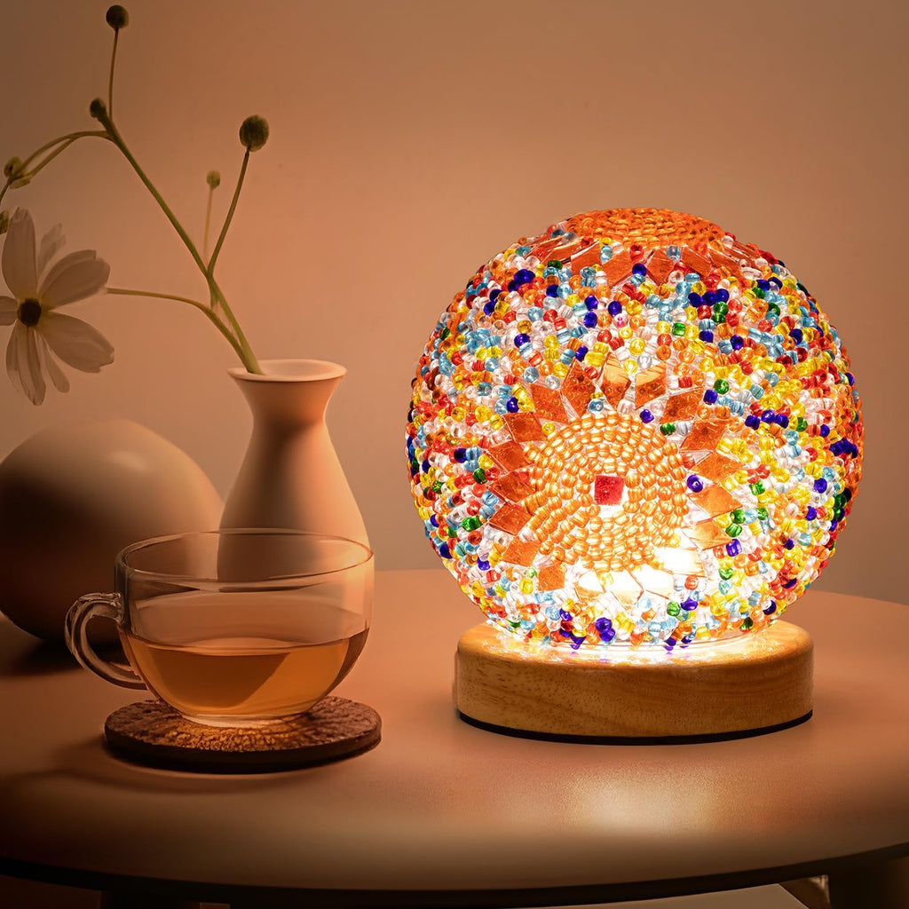Turkish Mosaic Lamp, 3 Color Temperature Tiffany Bedside Lamp with USB Power, Moroccan Glass Lantern Table Lamp for Living Room Decor, Simple Control (D:4.7" x H:5.2") (Orange1)