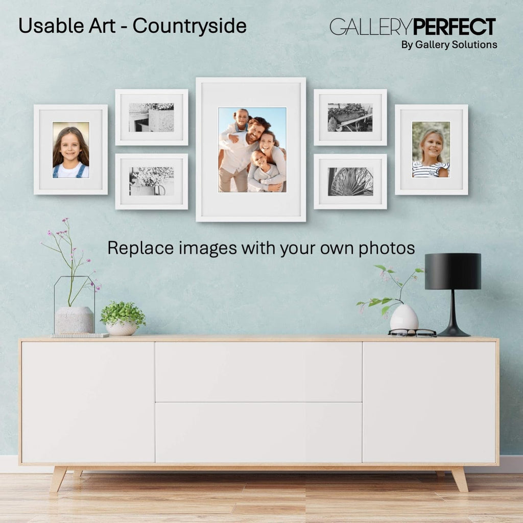 GALLERY PERFECT Multi-Size Picture Frame Set 7 Pack, White Gallery Wall Frames with Hanging Hardware, Clear Glass - One 12x16, Two 8x10, Four 6x8 Matted Photo Frames for Wall Display