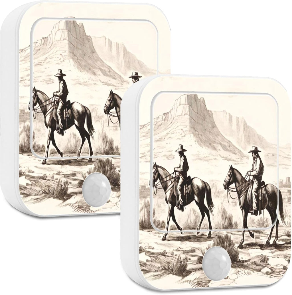 American Wild West Desert with Cowboys Night Light Plug into Wall 2 Pack Plug-in LED Nightlights with Dusk to Dawn Sensor White Light Perfect for Bathroom Kitchen Hallway and Stairs