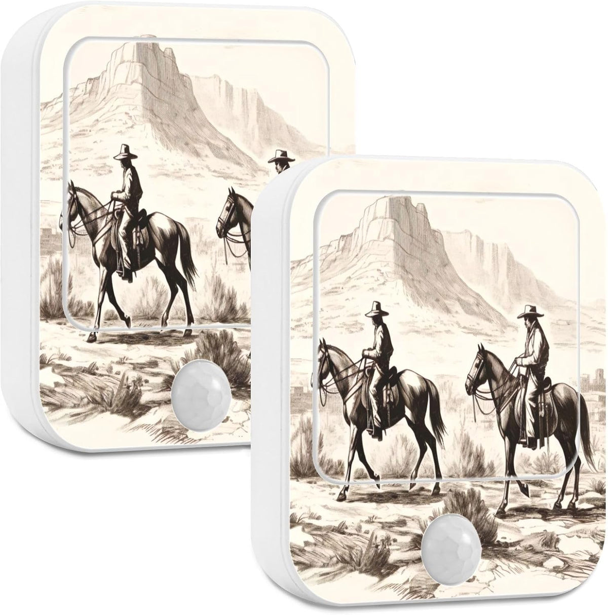 American Wild West Desert with Cowboys Night Light Plug into Wall 2 Pack Plug-in LED Nightlights with Dusk to Dawn Sensor White Light Perfect for Bathroom Kitchen Hallway and Stairs