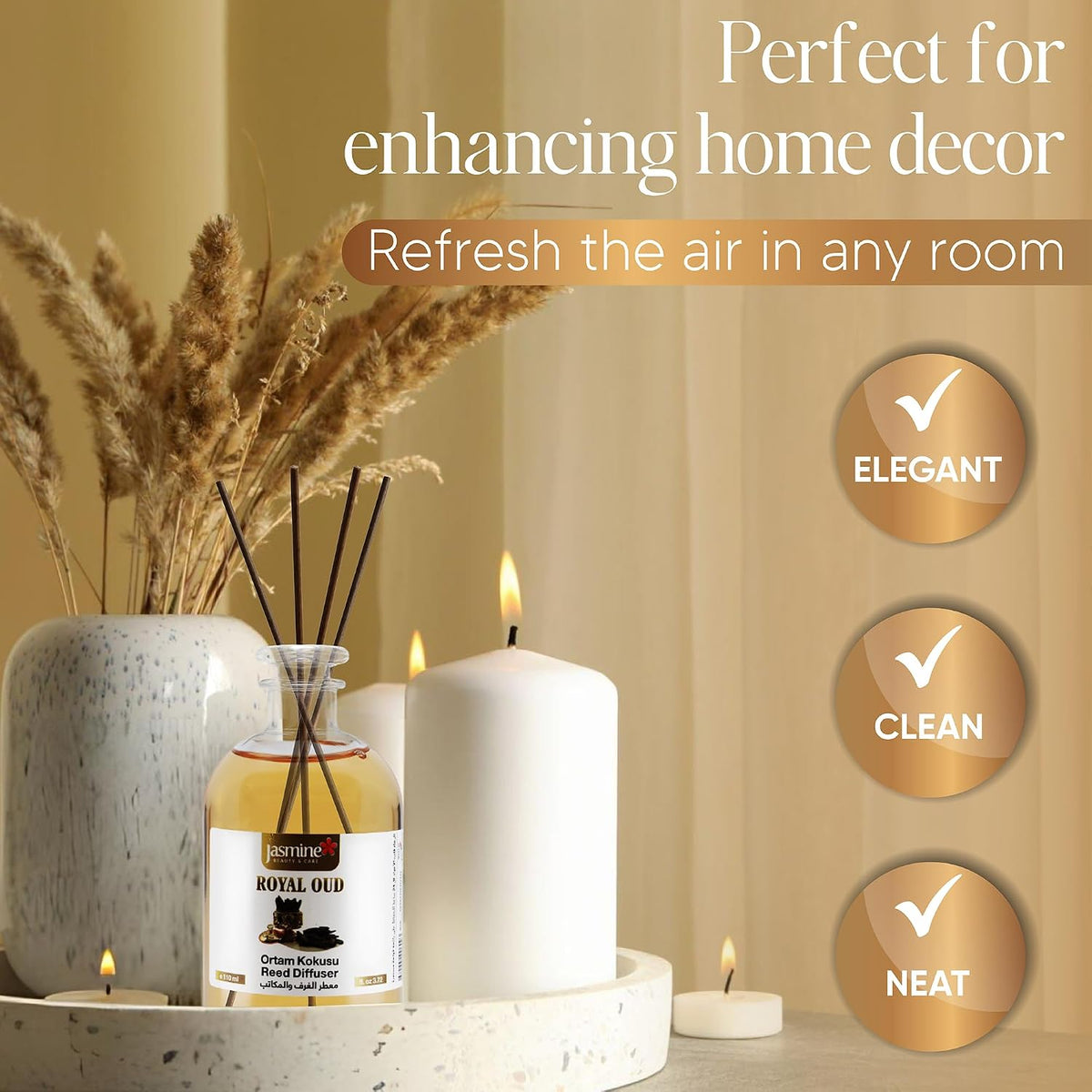 Turkish Jasmine Reed Diffuser Set 3.72 Fl. Oz (110ml), with 4 Reed Sticks. for Your Office, Bedroom, Bathroom, Kitchen. Elegant Fragrance for Your Entire Home (Crystal)