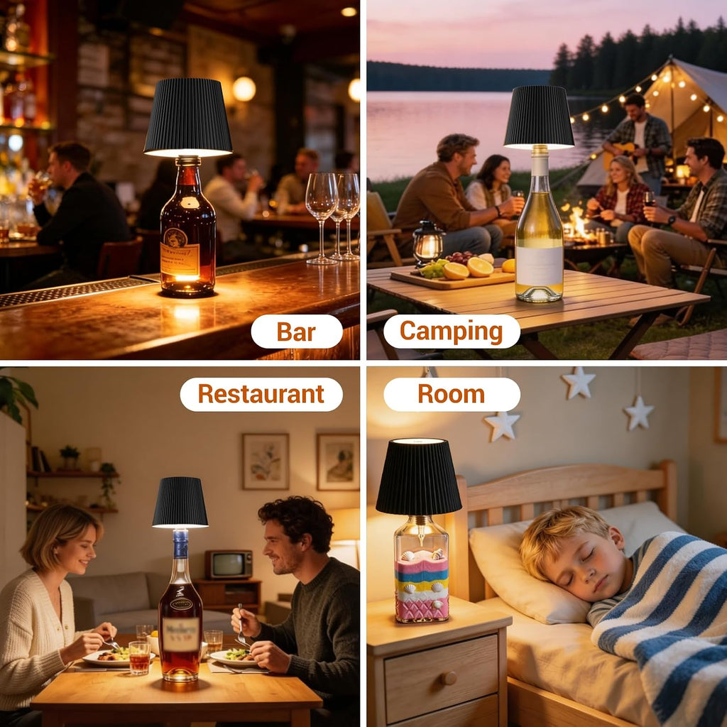 2 Pack Wireless Bottle Lamp - 2026 New Touch 3 Colors and Stepless Dimming Wine Bottle Lights with Metal Lampshade for Bars Restaurants Kitchen & Party Lighting - Black