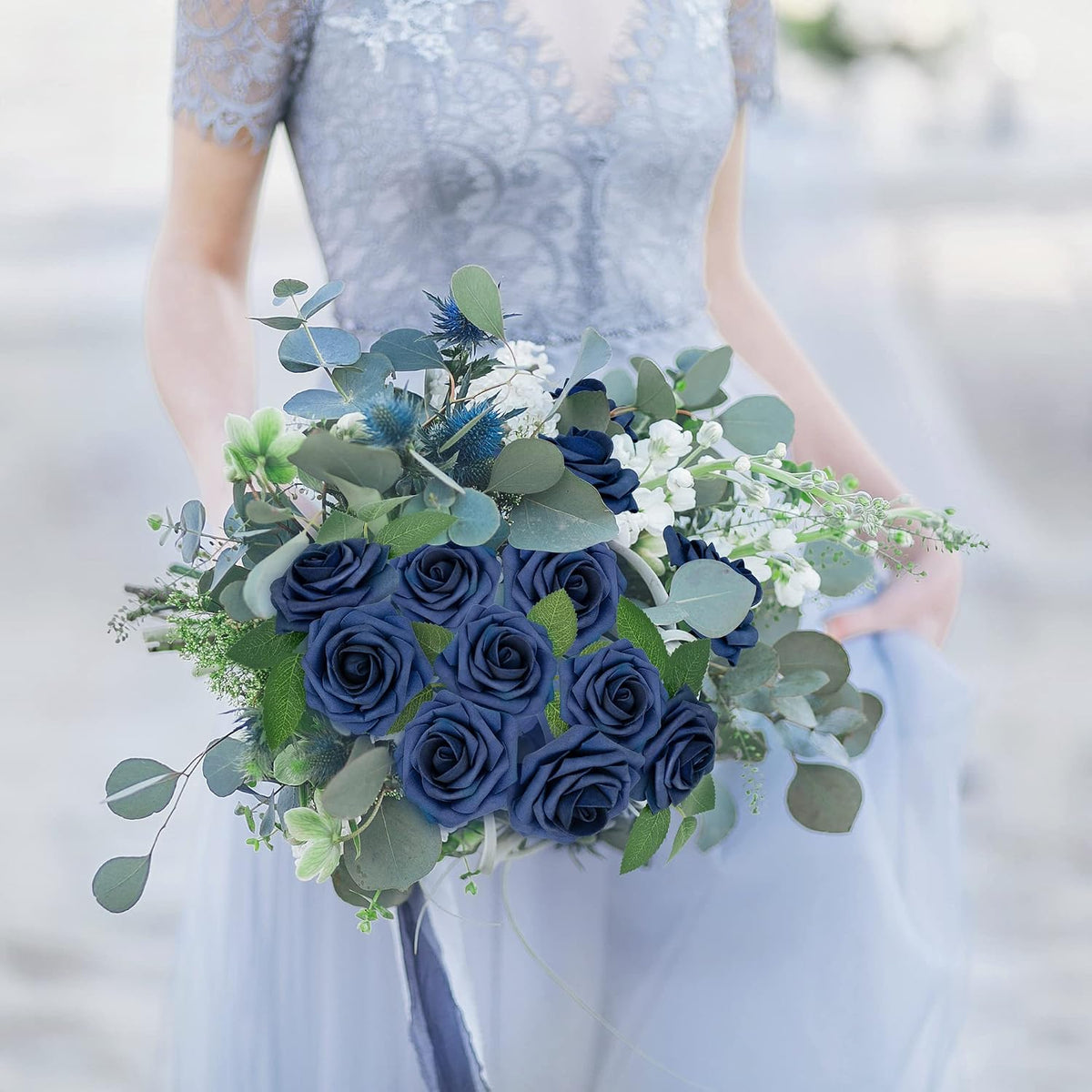 Mocoosy 50Pcs Roses Artificial Flowers, Navy Blue Fake Roses for Decorations, Real Touch Foam Rose Bulk with Stems DIY Wedding Bouquet Bridal Shower Centerpieces Floral Arrangement Party Table Decor