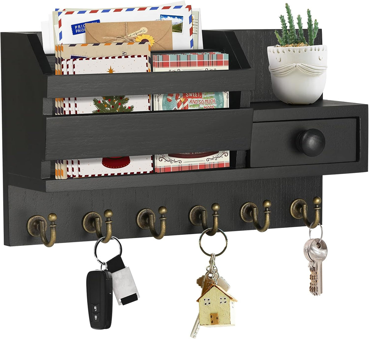 VIS'V Key Holder Wall Mount, Wooden Mail and Key Organizer, Black