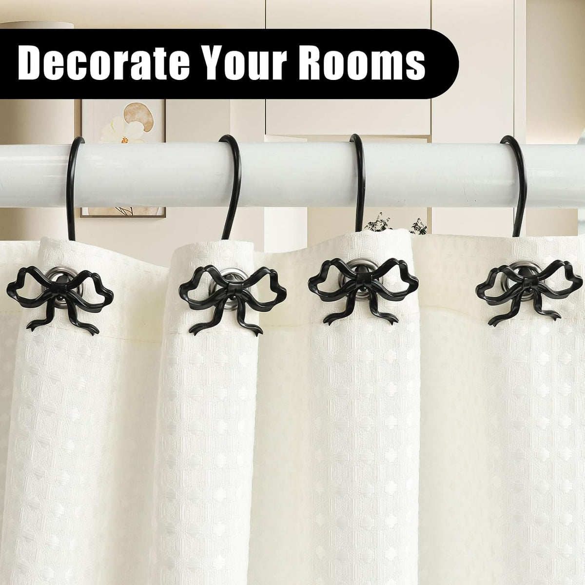 Bow Decorative Shower Curtain Hooks, Fashion Bowknot Shower Curtain Rings, Modern Bow Shower Curtain Hangers, 12PCS Shower Hooks for Shower Curtain, Home Decor, Bathroom, Bedroom, Living Room (Black)