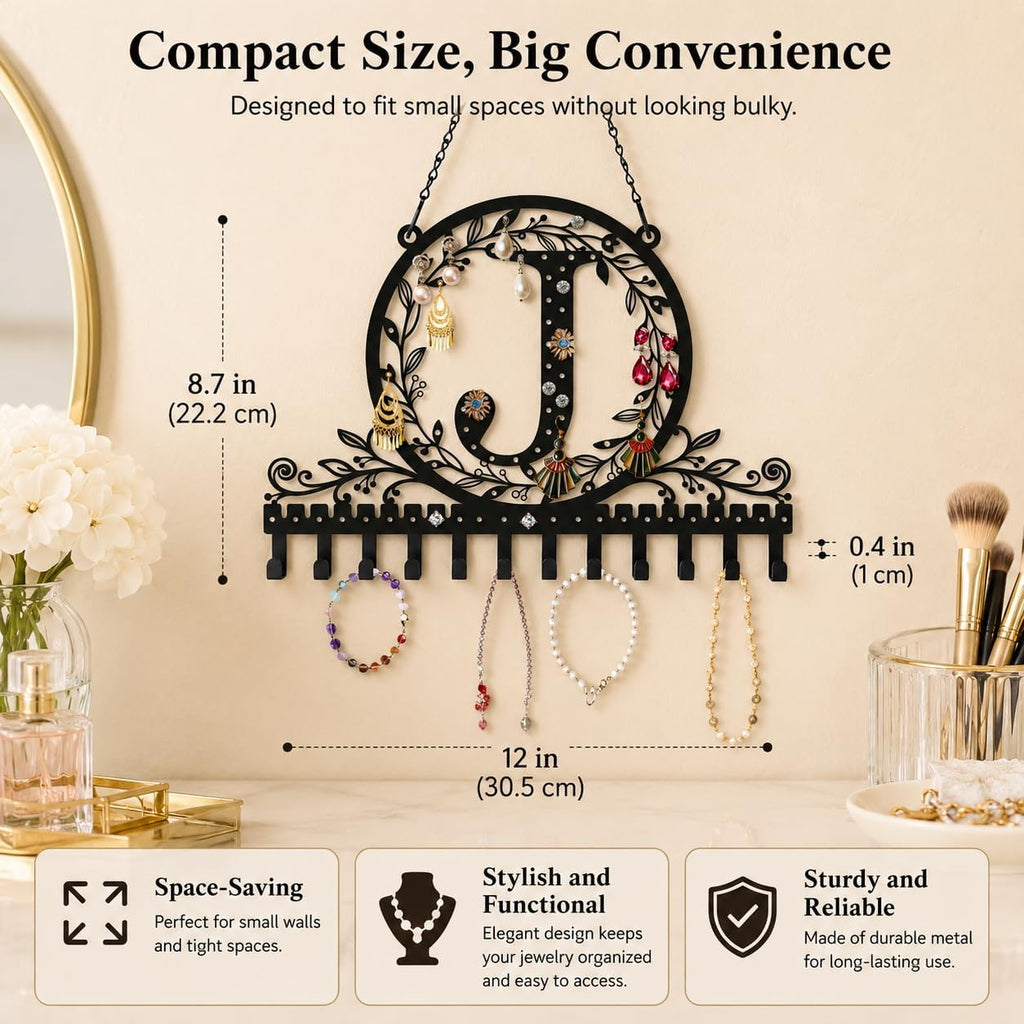 Personalized Wall Mounted Metal Initial Letter J Earring Holder Jewelry Organizer for Earrings and Necklaces Space Saving Wall Display with Hooks Jewelry Storage Bedroom Vanity Gift for Women