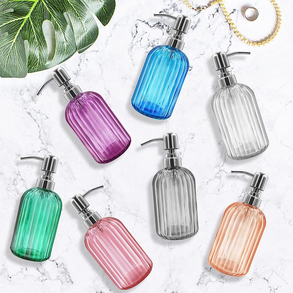 14 Oz Glass Soap Dispenser with 304 Rust Proof Stainless Steel Pump, Refillable Hand Liquid Soap Dispenser for Bathroom, Kitchen, Countertop, Laundry Room (White)