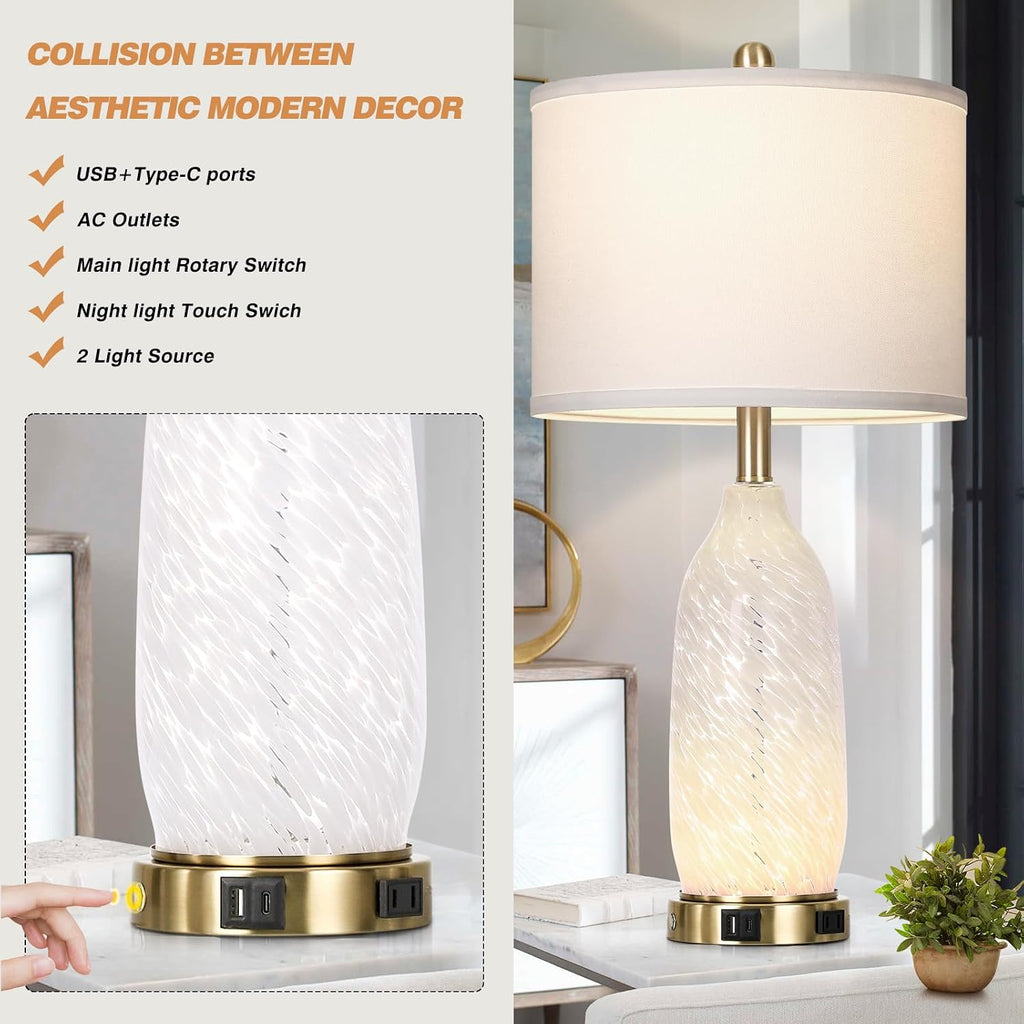 Rinweey 26" Modern Clear Glass Table Lamp Nightstand Lamp with USB A+C Ports & AC Outlet,Bedside Lamps with 3-Way Dimmable Touch Control Night Light for Bedroom Living Room,Single White