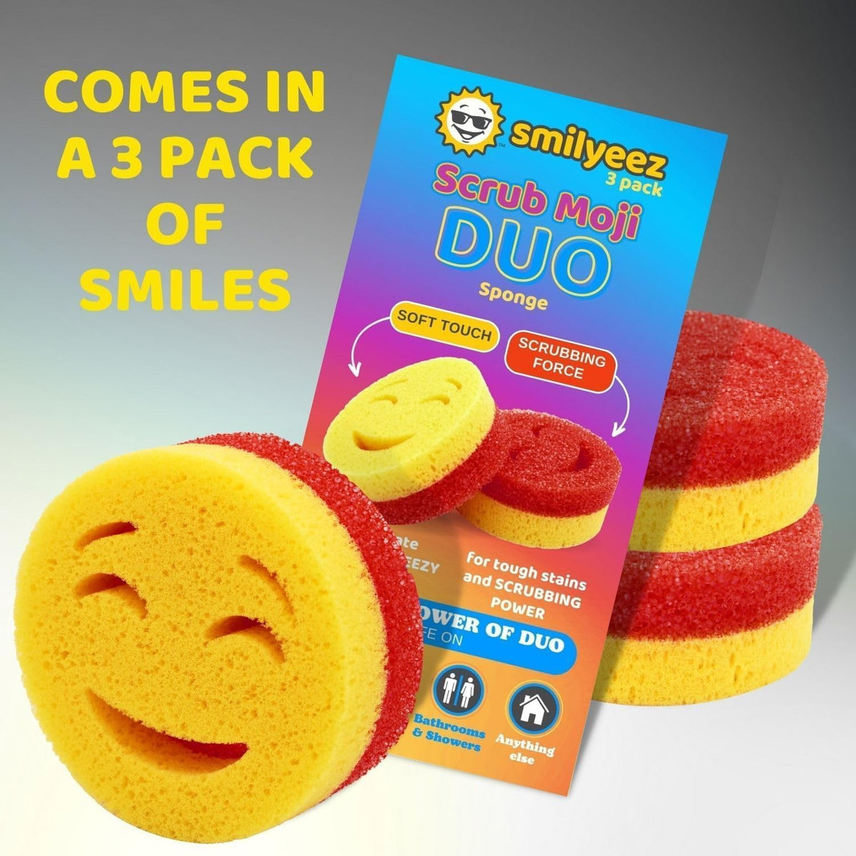 Smilyeez Scrub Moji Duo Scrubbing Sponge (Set of 3) Dual-Sided Scrub Sponges Multipurpose Sponge Scratch-Free Stain and Odor Resistant
