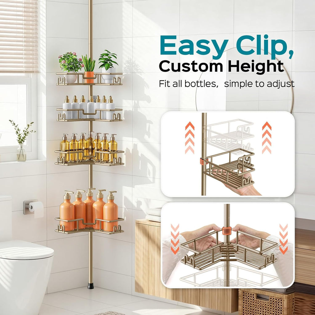 HAMITOR No-Drill Shower Rack, 4-Tier Corner Rustproof Tension Pole, Khaki