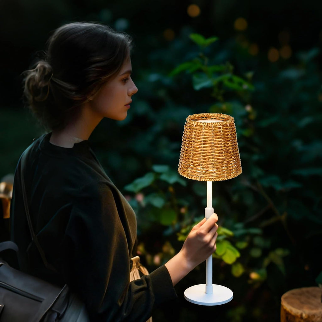 Mr.White Outdoor Waterproof Rechargeable Cordless Table Lamp with Wicker Shade, 5200mAh Battery Operated Table Light with Telescopic Pole, for Patio Restaurant Kitchen (White)