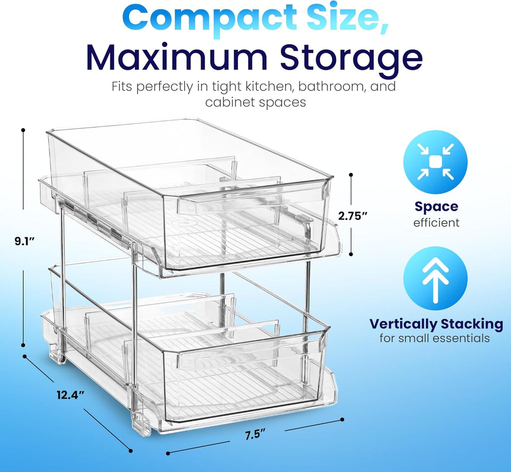 Masirs 2-Tier Clear Pull-Out Drawer Organizer - Sleek, Compact & Sturdy Makeup and Closet Organizer - Easy Assembly Kitchen Storage Solution, Ideal for Makeup, Tools, Medicines 4-Pack