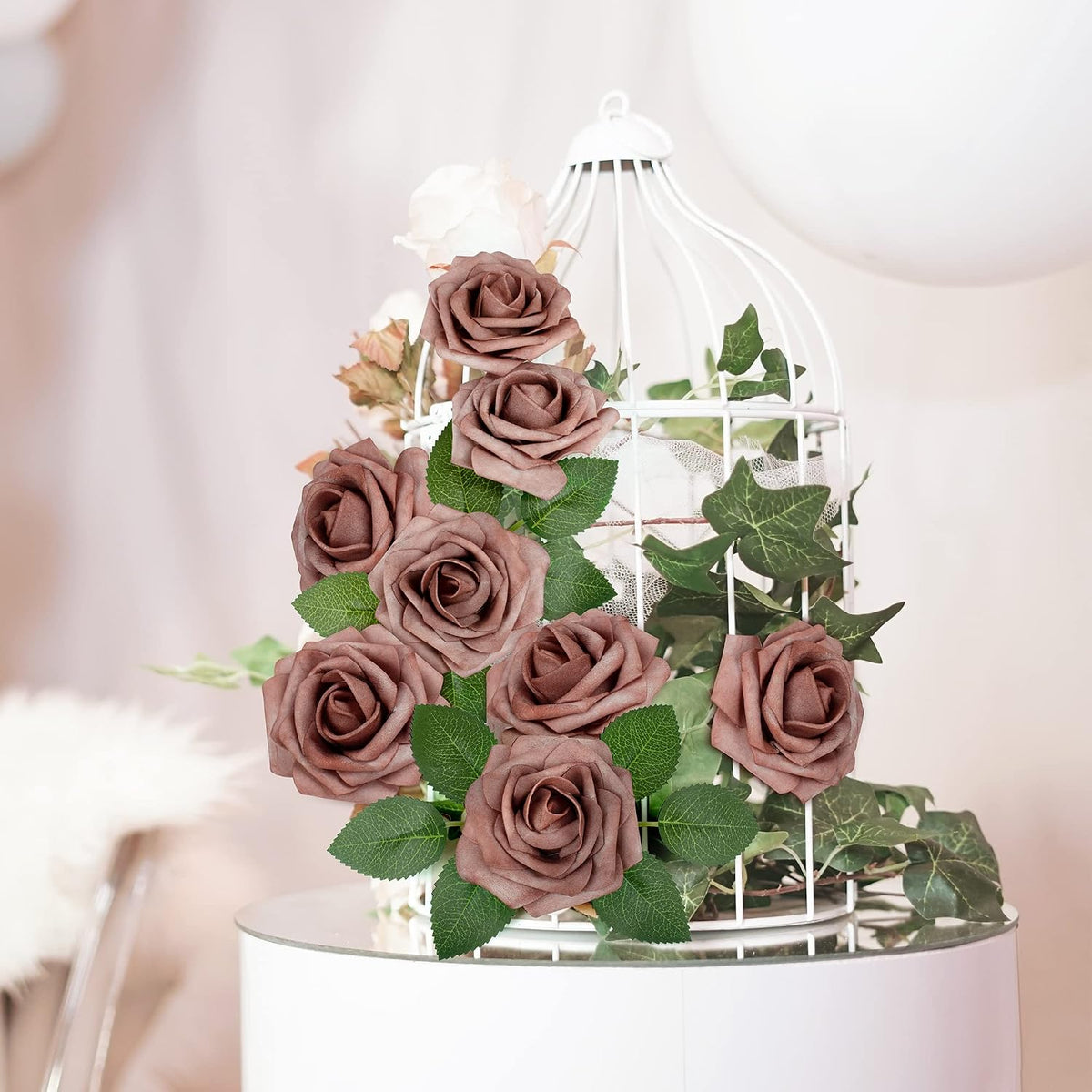 Mocoosy 50Pcs Artificial Rose Flowers, Dusty Roses for Decorations, Real Touch Foam Fake Rose Bulk with Stems DIY Wedding Bouquets Bridal Shower Centerpieces Floral Arrangements Party Table Home Decor