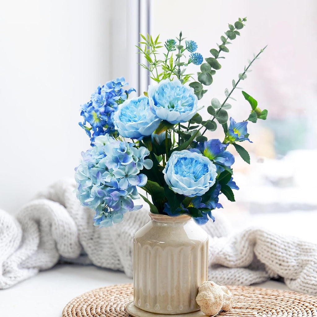 Artificial Flowers Bouquet – Fake Silk Hydrangea Peony and Eucalyptus Mix, Faux Flower Arrangements for Home, Office Decor and Dining Table Centerpieces (Blue)